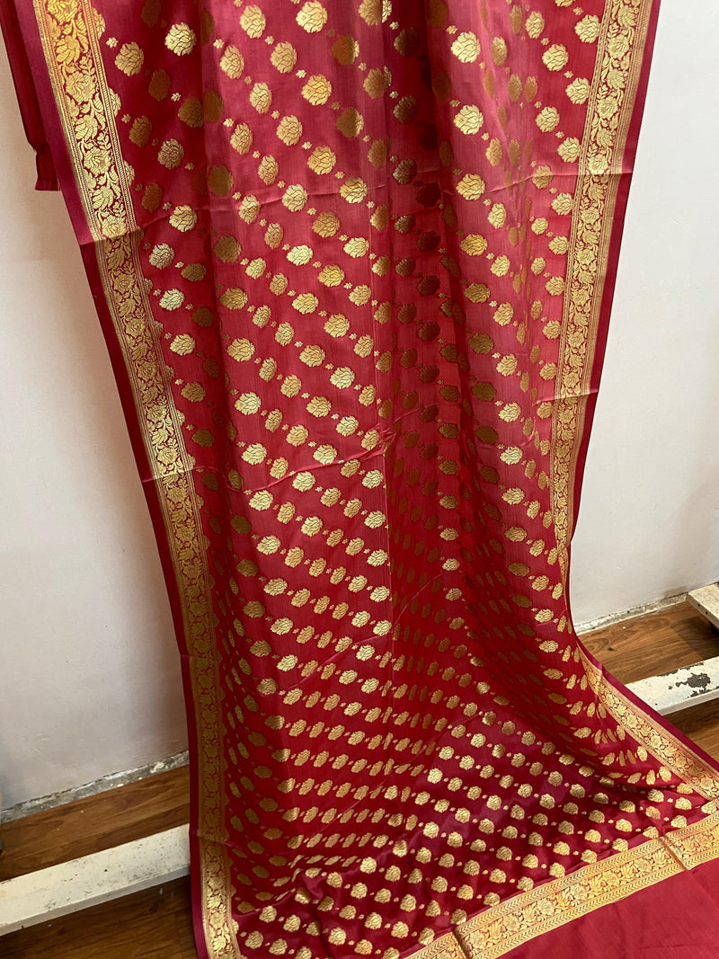 Peach Pure Banarasi Satin Silk Handloom Dupatta by Shades Of Benares - banarasi - banarasi saree shop