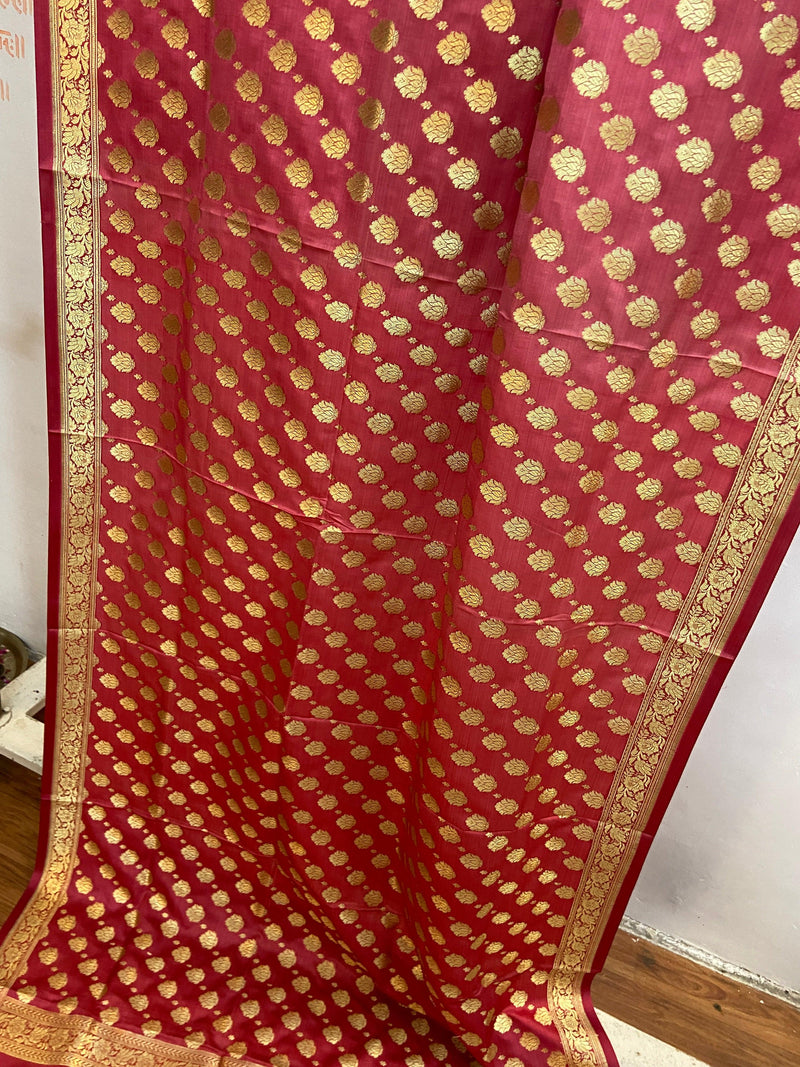 Peach Pure Banarasi Satin Silk Handloom Dupatta by Shades Of Benares - banarasi - banarasi saree shop