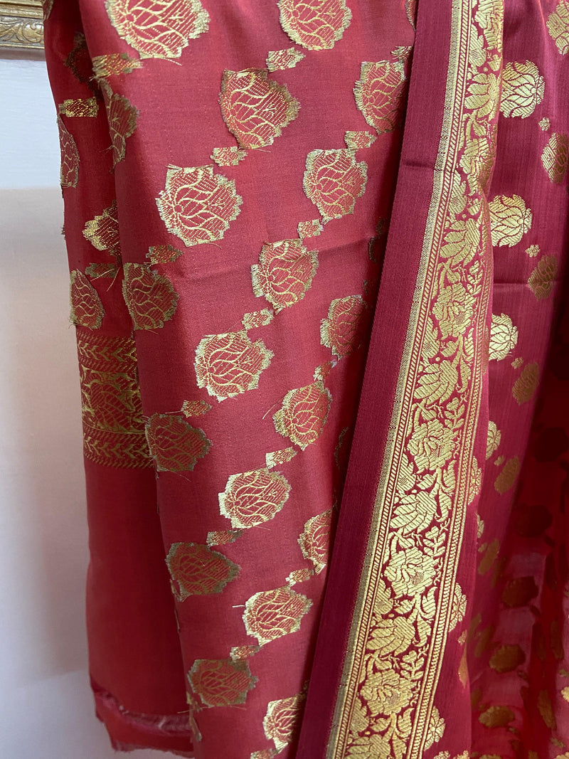 Peach Pure Banarasi Satin Silk Handloom Dupatta by Shades Of Benares - banarasi - banarasi saree shop