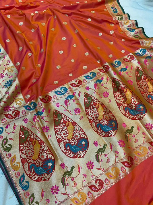 Peachish Orange Pure Banarasi Katan Silk Handloom Saree- Paithani by Shades Of Benares - banarasi - banarasi saree shop