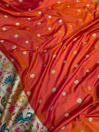 Peachish Orange Pure Banarasi Katan Silk Handloom Saree- Paithani by Shades Of Benares - banarasi - banarasi saree shop