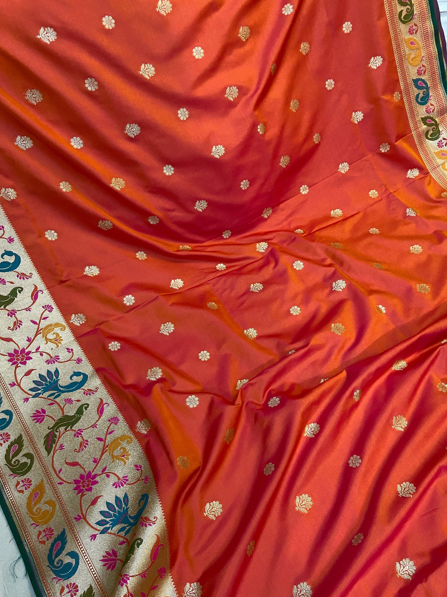 Peachish Orange Pure Banarasi Katan Silk Handloom Saree- Paithani by Shades Of Benares - banarasi - banarasi saree shop