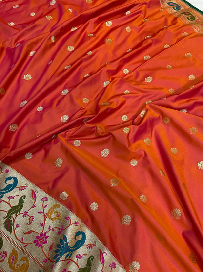 Peachish Orange Pure Banarasi Katan Silk Handloom Saree- Paithani by Shades Of Benares - banarasi - banarasi saree shop