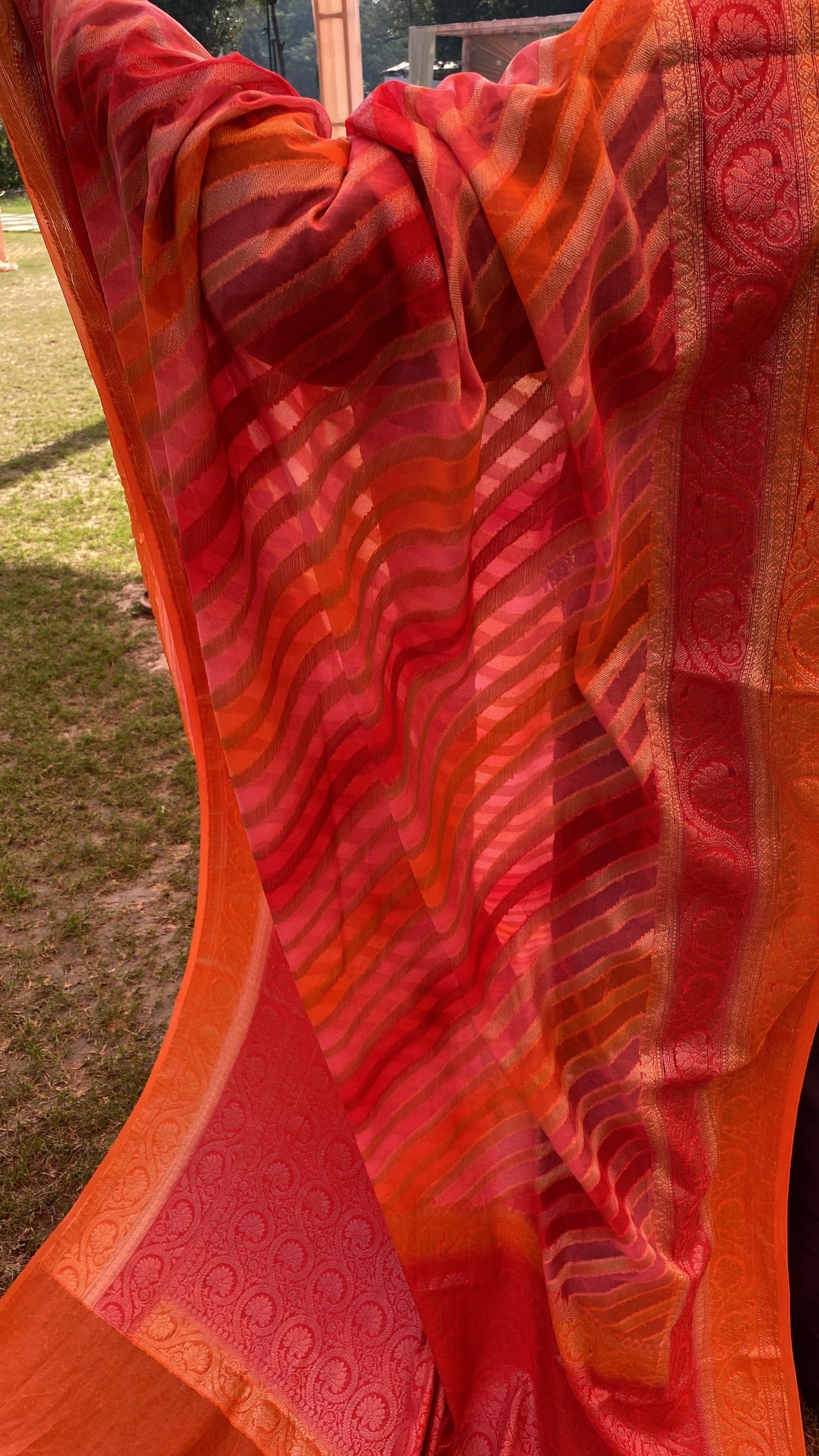 Pink & Orange Pure Banarasi Khaddi Georgette Handloom Leheriya Saree by Shades Of Benares - banarasi - banarasi saree shop