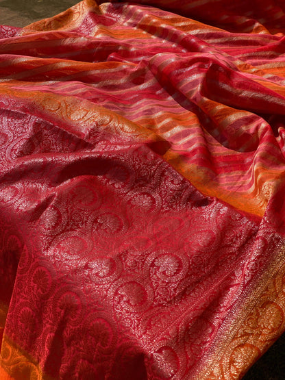 Pink & Orange Pure Banarasi Khaddi Georgette Handloom Leheriya Saree by Shades Of Benares - banarasi - banarasi saree shop