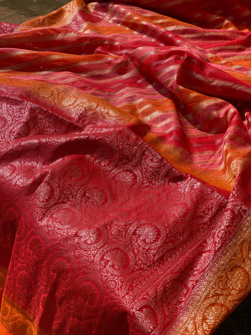 Pink & Orange Pure Banarasi Khaddi Georgette Handloom Leheriya Saree - Shades Of Benares