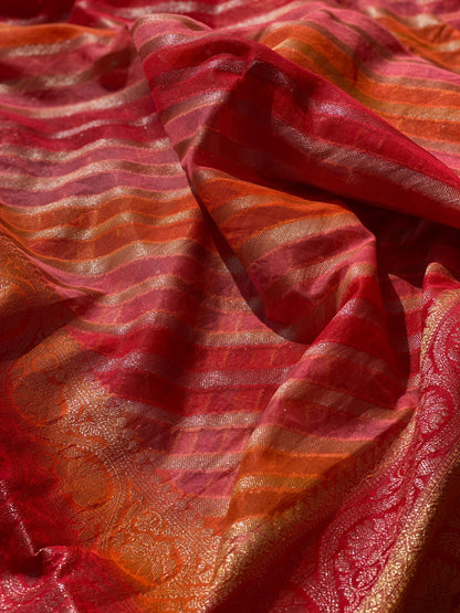 Pink & Orange Pure Banarasi Khaddi Georgette Handloom Leheriya Saree by Shades Of Benares - banarasi - banarasi saree shop