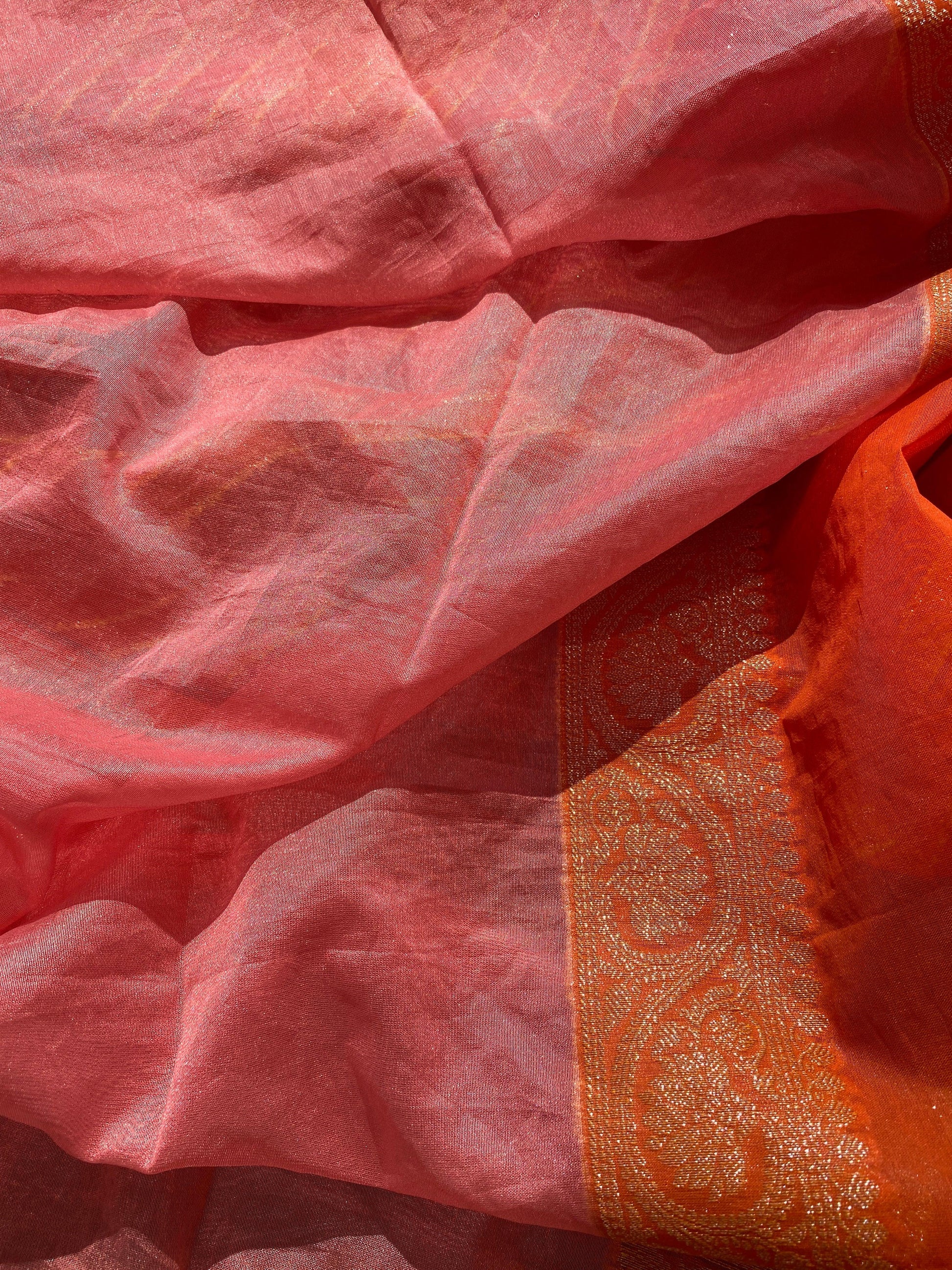 Pink & Orange Pure Banarasi Khaddi Georgette Handloom Leheriya Saree by Shades Of Benares - banarasi - banarasi saree shop