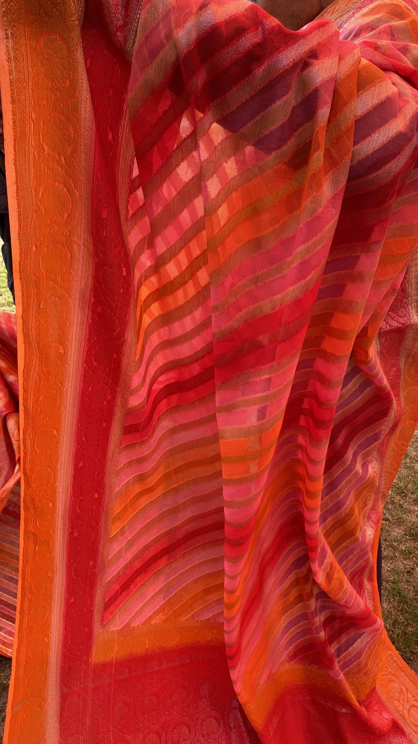 Pink & Orange Pure Banarasi Khaddi Georgette Handloom Leheriya Saree by Shades Of Benares - banarasi - banarasi saree shop