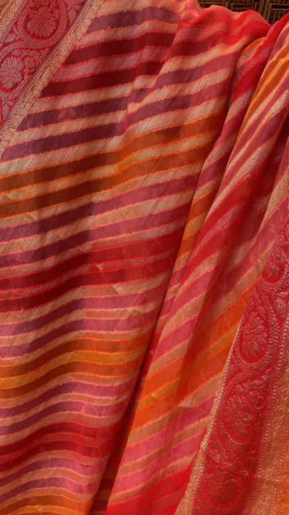 Pink & Orange Pure Banarasi Khaddi Georgette Handloom Leheriya Saree by Shades Of Benares - banarasi - banarasi saree shop