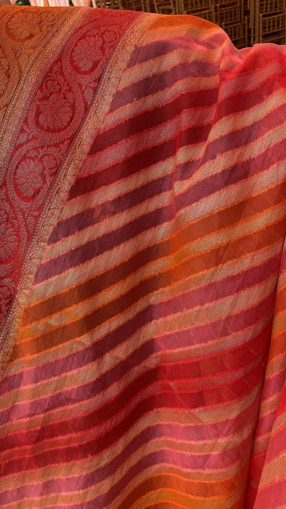 Pink & Orange Pure Banarasi Khaddi Georgette Handloom Leheriya Saree by Shades Of Benares - banarasi - banarasi saree shop