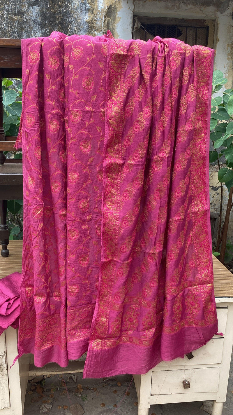 Pink Handloom Pure Chiffon Banarasi 3 pcs ladies suit - Shades Of Benares