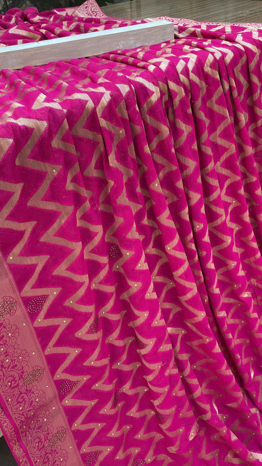 Pink Handloom Pure Chiffon Banarasi Saree by Shades Of Benares - banarasi - banarasi saree shop