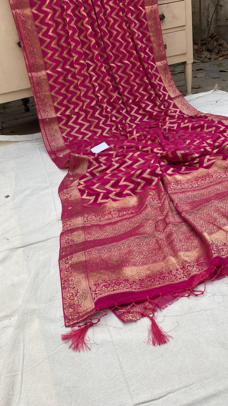 Pink Handloom Pure Chiffon Banarasi Saree by Shades Of Benares - banarasi - banarasi saree shop