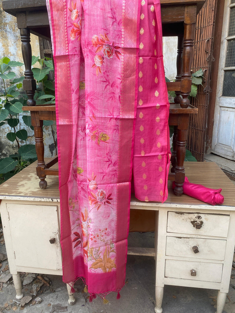 Pink Handloom Pure Cotton Banarasi 3 pcs ladies suit - Shades Of Benares