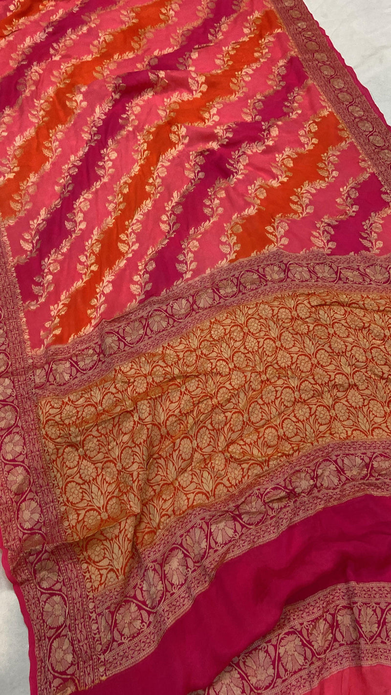 Pink Pure Banarasi Khaddi Georgette Handloom Saree - Rangkaat - Shades Of Benares