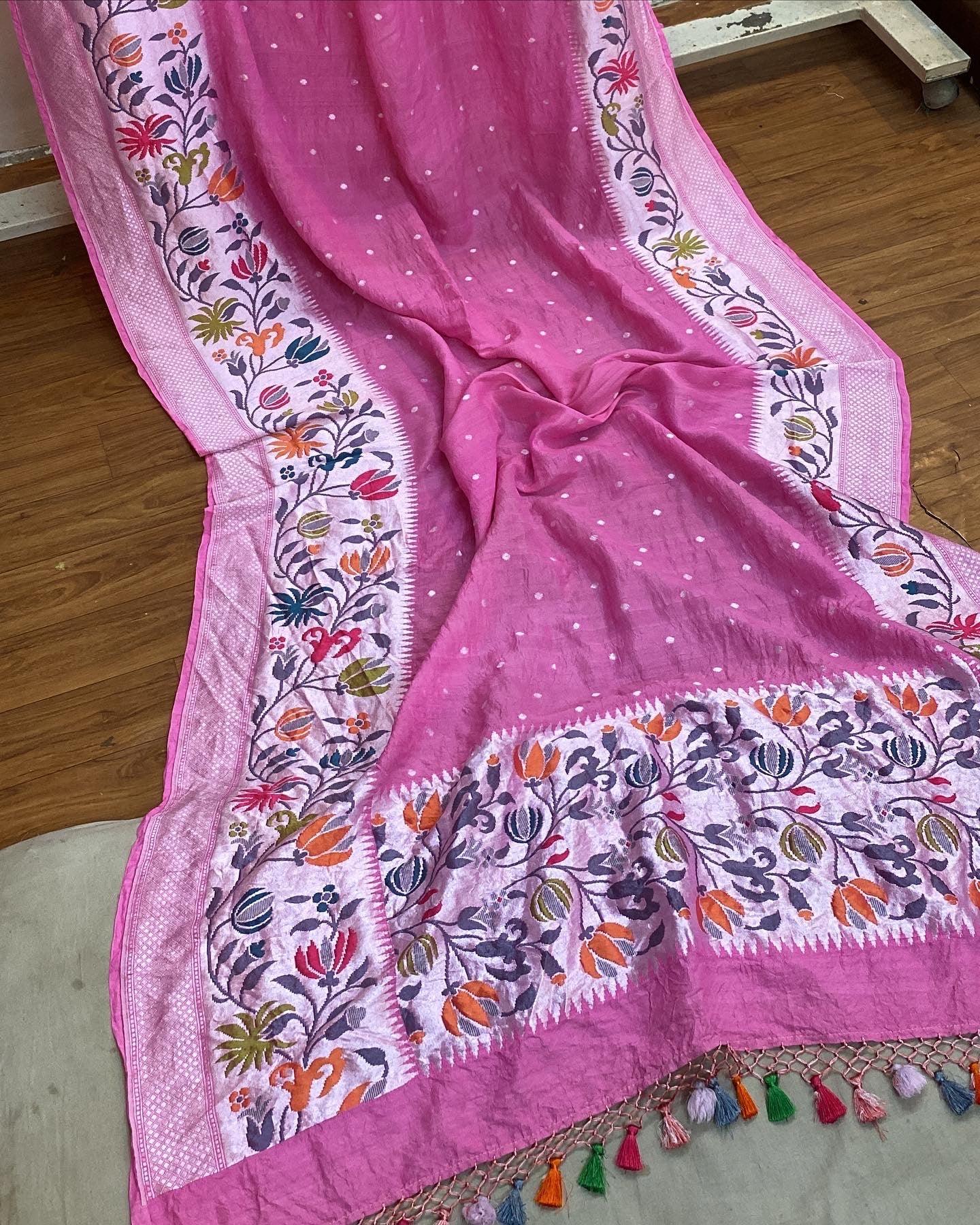 Pink Pure Banarasi Tussar silk handloom Khaddi saree with blouse piece by Shades Of Benares - banarasi - banarasi saree shop