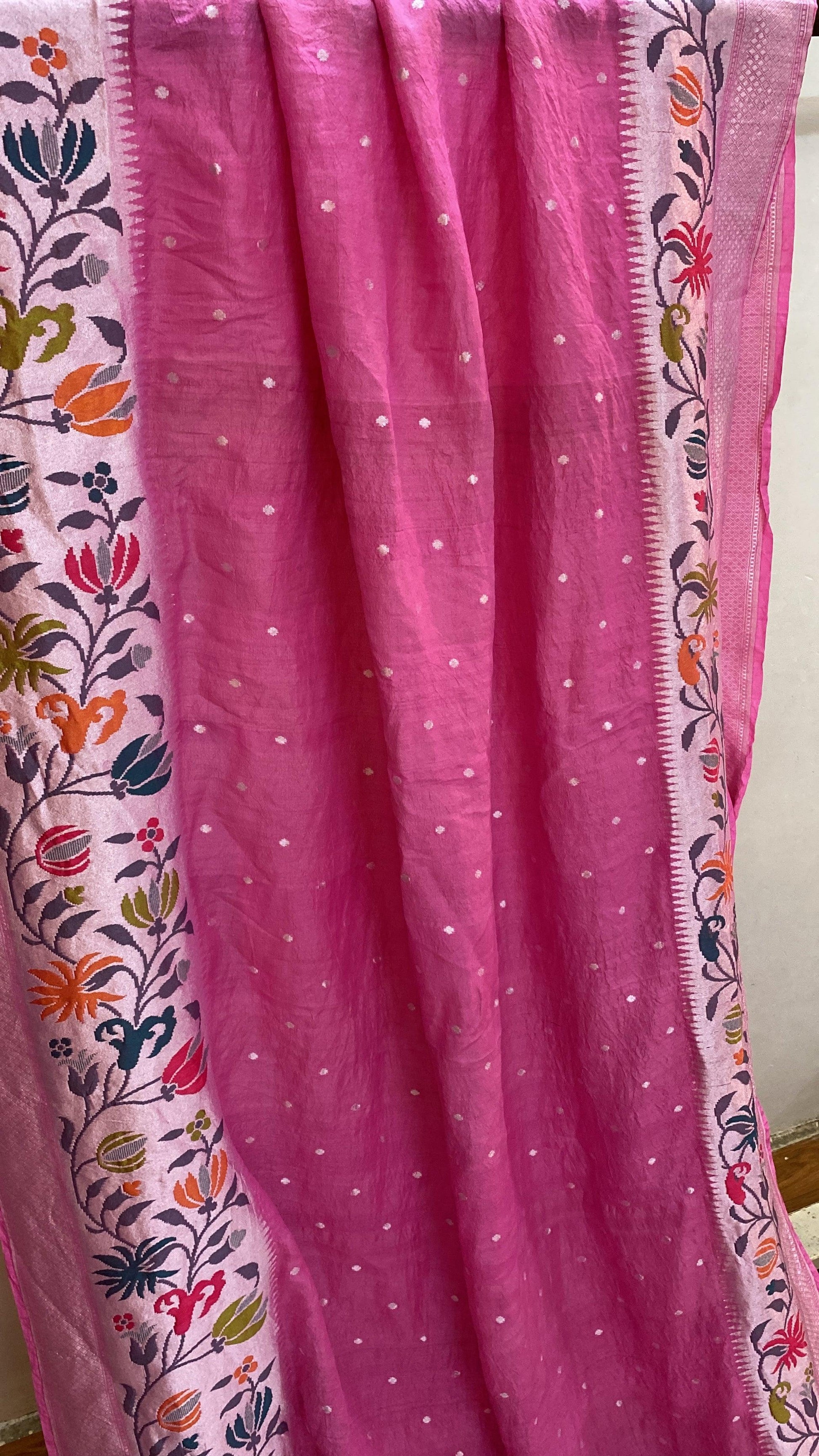 Pink Pure Banarasi Tussar silk handloom Khaddi saree with blouse piece by Shades Of Benares - banarasi - banarasi saree shop