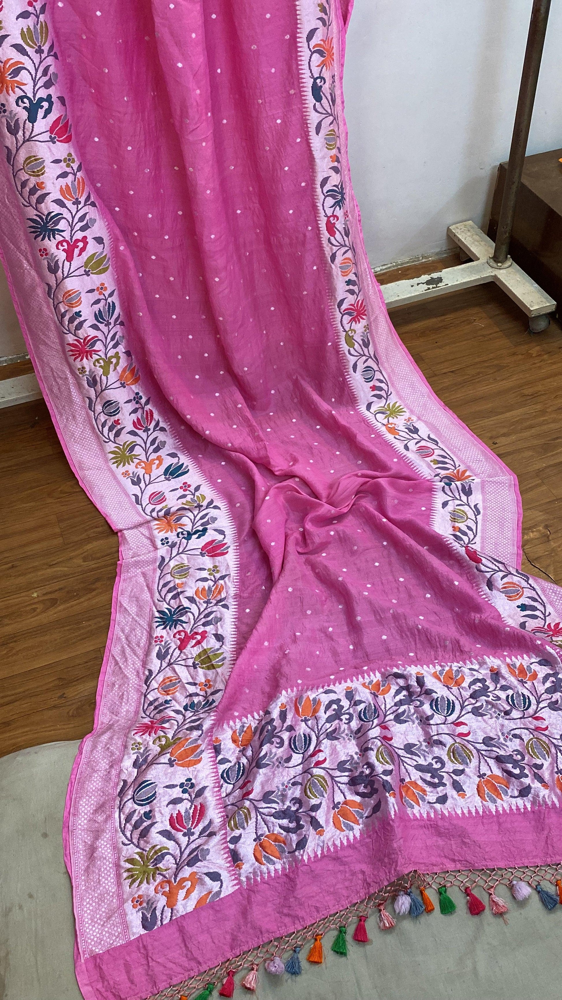 Pink Pure Banarasi Tussar silk handloom Khaddi saree with blouse piece by Shades Of Benares - banarasi - banarasi saree shop