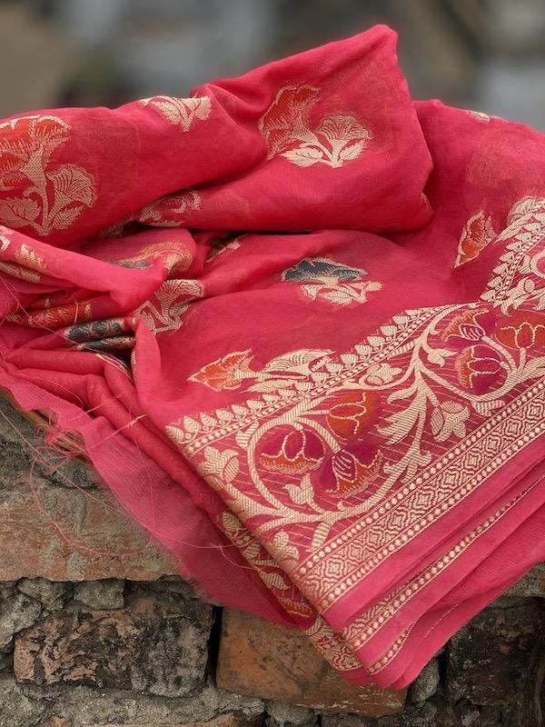 Pure Banarasi chiffon georgette Handloom Saree With Blouse Piece (J02) by Shades Of Benares - banarasi - banarasi saree shop