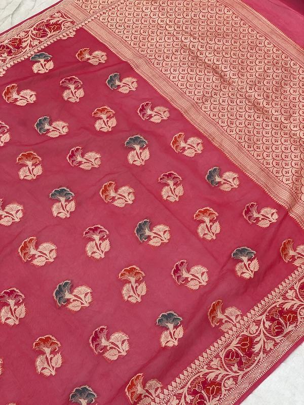 Pure Banarasi chiffon georgette Handloom Saree With Blouse Piece (J02) by Shades Of Benares - banarasi - banarasi saree shop