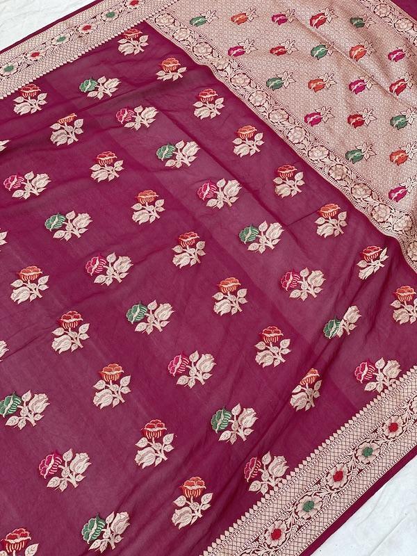 Pure Banarasi chiffon georgette Handloom Saree With Blouse Piece (J11) by Shades Of Benares - banarasi - banarasi saree shop