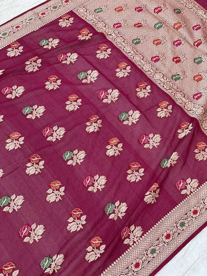 Pure Banarasi chiffon georgette Handloom Saree With Blouse Piece (J11) by Shades Of Benares - banarasi - banarasi saree shop