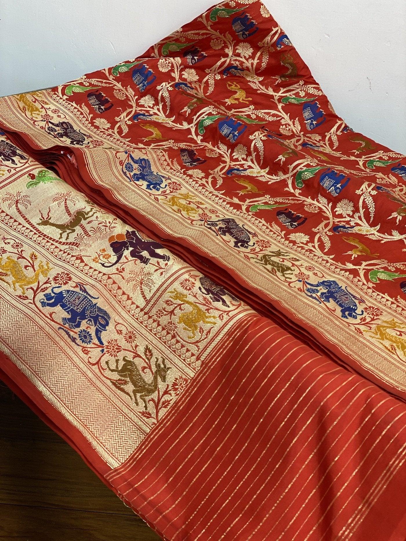 Pure Banarasi Katan silk handloom saree, Kadhwa Shikargaah (HZ1) by Shades Of Benares - banarasi - banarasi saree shop