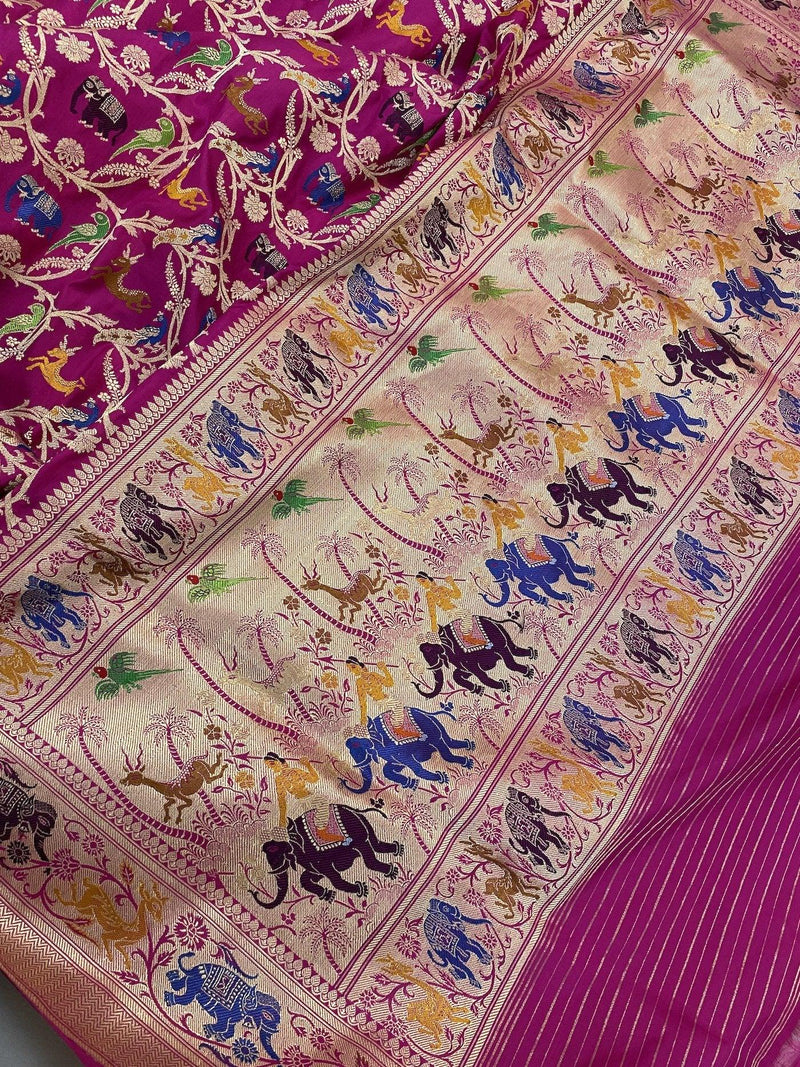 Pure Banarasi Katan silk handloom saree, Kadhwa Shikargaah Jaal (HT00) - Shades Of Benares