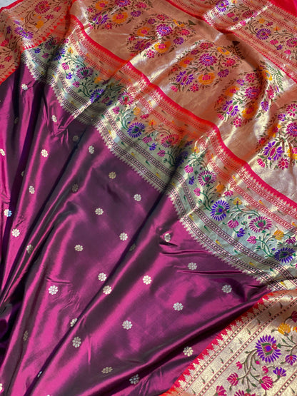 Purple Glory Pure Banarasi Katan Silk Handloom Saree- Kadhwa Paithani by Shades Of Benares - banarasi - banarasi saree shop