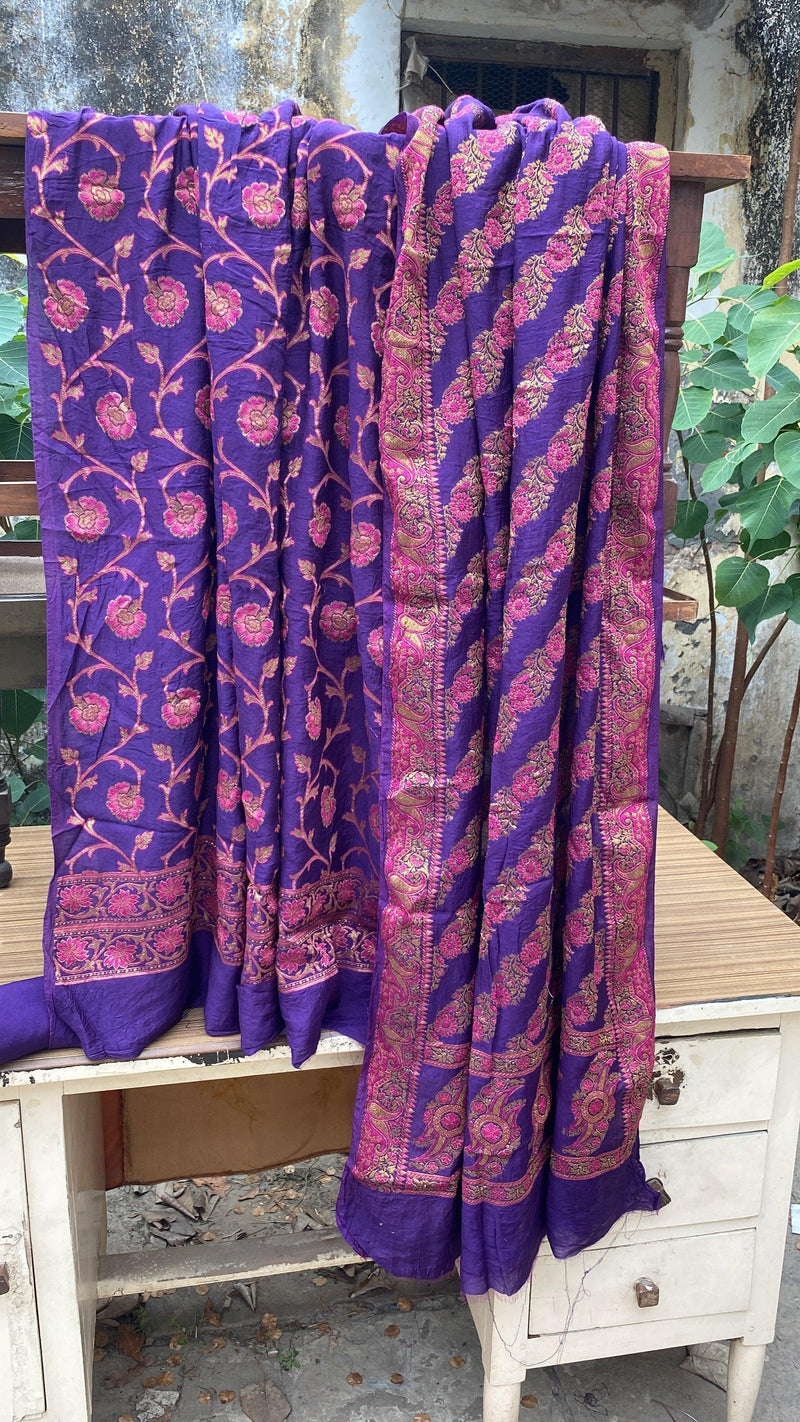 Purple Handloom Pure Chiffon Banarasi 3 pcs ladies suit by Shades Of Benares - banarasi - banarasi saree shop