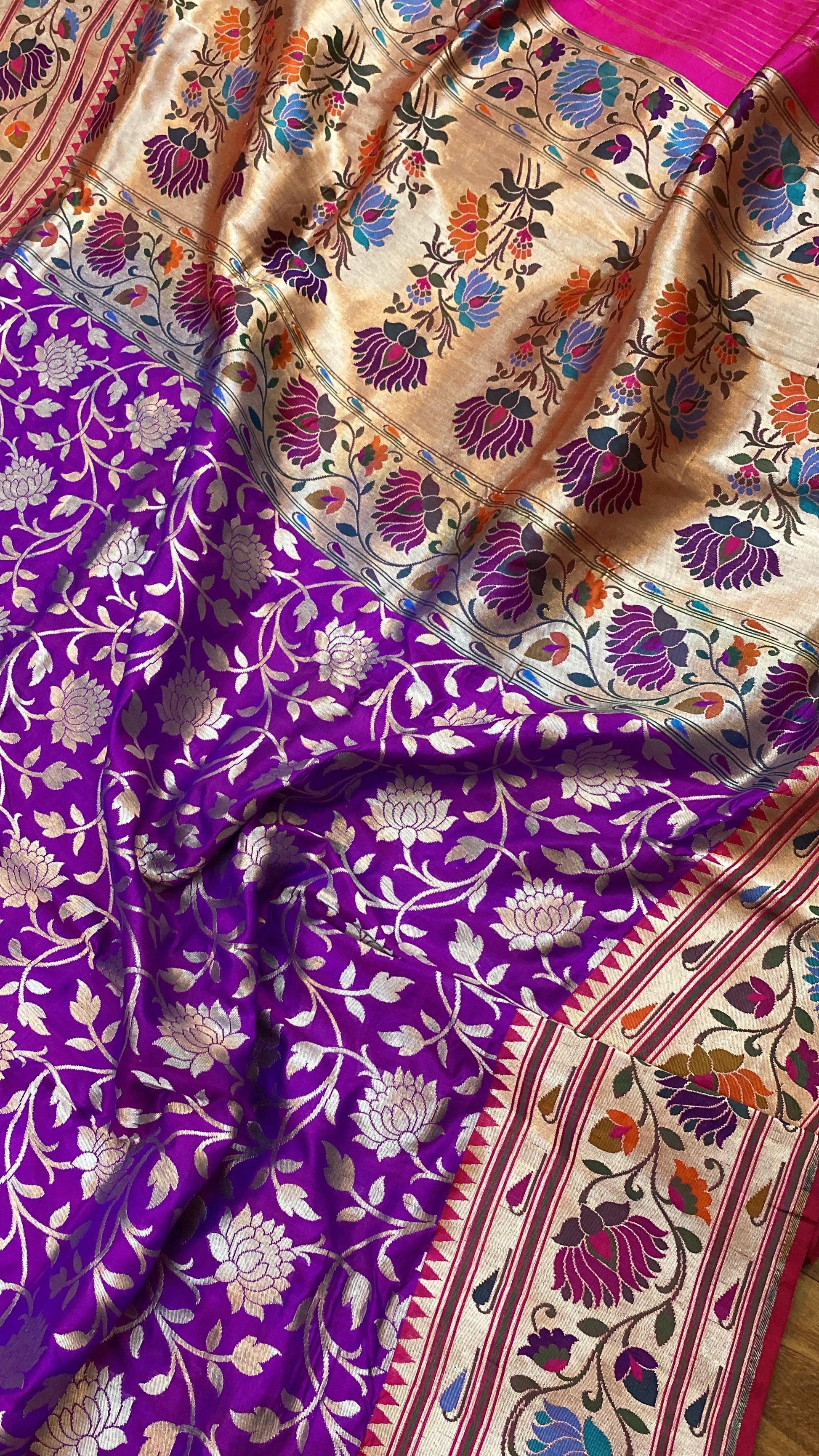 Purple Pure Banarasi Katan Silk Handloom Kadhwa Paithani Saree by Shades Of Benares - banarasi - banarasi saree shop