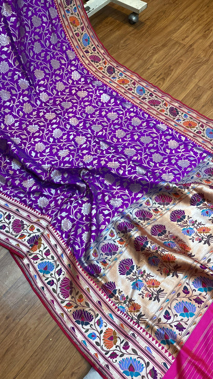 Purple Pure Banarasi Katan Silk Handloom Kadhwa Paithani Saree by Shades Of Benares - banarasi - banarasi saree shop