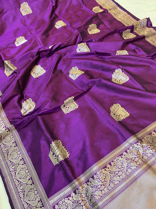 Purple Pure Banarasi Katan Silk Handloom Saree- Kadhwa Figures by Shades Of Benares - banarasi - banarasi saree shop