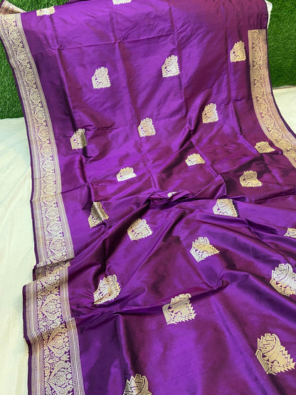 Purple Pure Banarasi Katan Silk Handloom Saree- Kadhwa Figures by Shades Of Benares - banarasi - banarasi saree shop