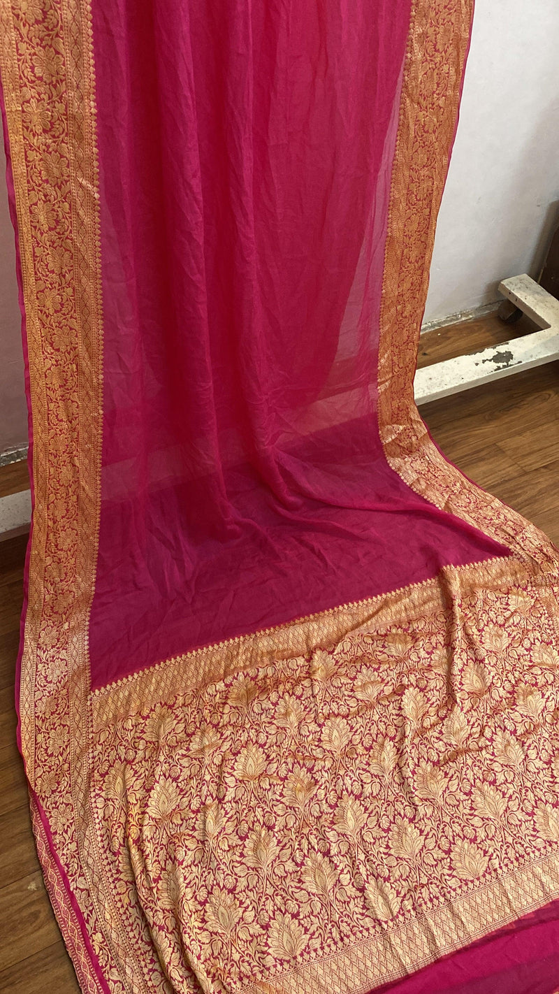 Raani Pink Pure Banarasi Khaddi Chiffon Georgette Handloom Saree by Shades Of Benares - banarasi - banarasi saree shop