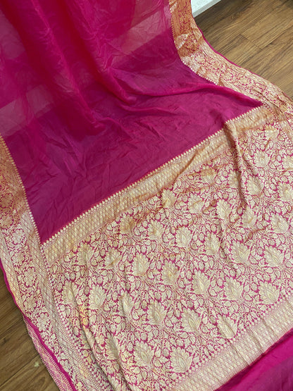 Raani Pink Pure Banarasi Khaddi Chiffon Georgette Handloom Saree by Shades Of Benares - banarasi - banarasi saree shop