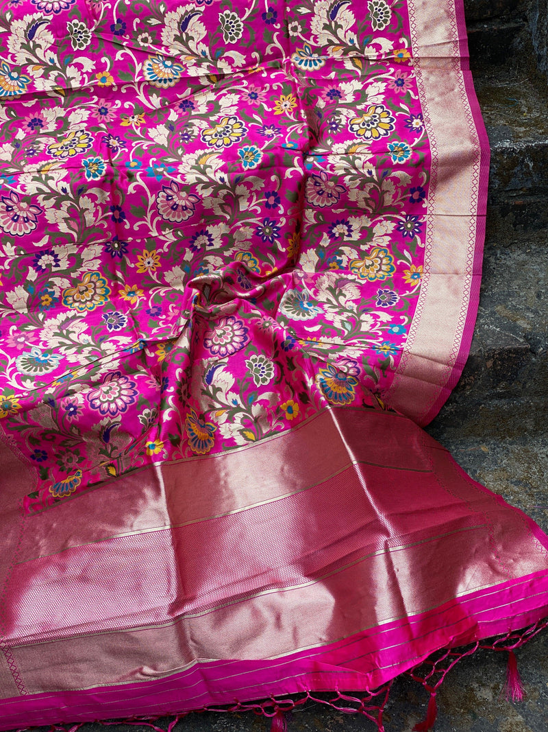 Radiant Raani Pink Minakari Handloom Banarasi Silk Dupatta: Elevate Your Party and Festive Attire - Shades Of Benares