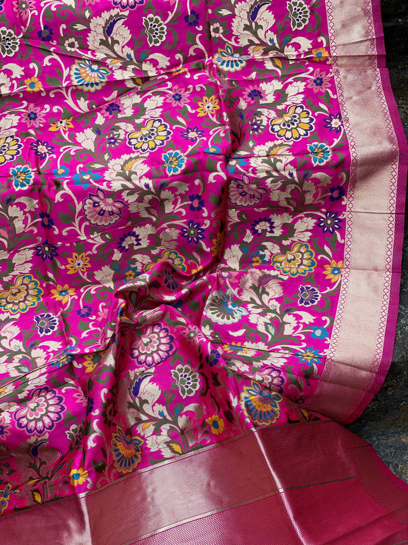 Radiant Raani Pink Minakari Handloom Banarasi Silk Dupatta: Elevate Your Party and Festive Attire - Shades Of Benares