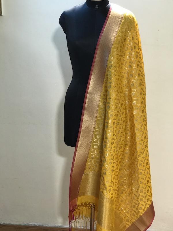 Radiant Yellow Handloom Banarasi Silk Dupatta: Elevate Your Festive Attire - Shades Of Benares