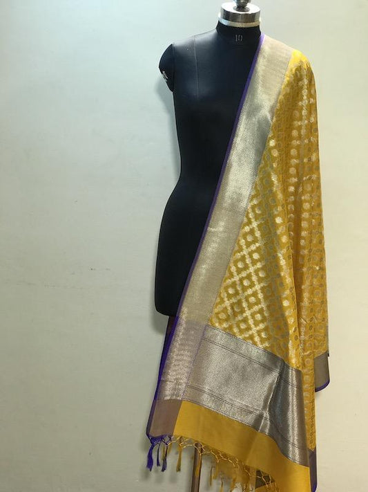 Radiant Yellow Handloom Banarasi Silk Dupatta by Shades Of Benares - banarasi - banarasi saree shop