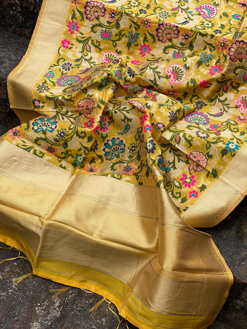 Radiant Yellow Minakari Handloom Banarasi Silk Dupatta: Elevate Your Party and Festive Attire by Shades Of Benares - banarasi - banarasi saree shop
