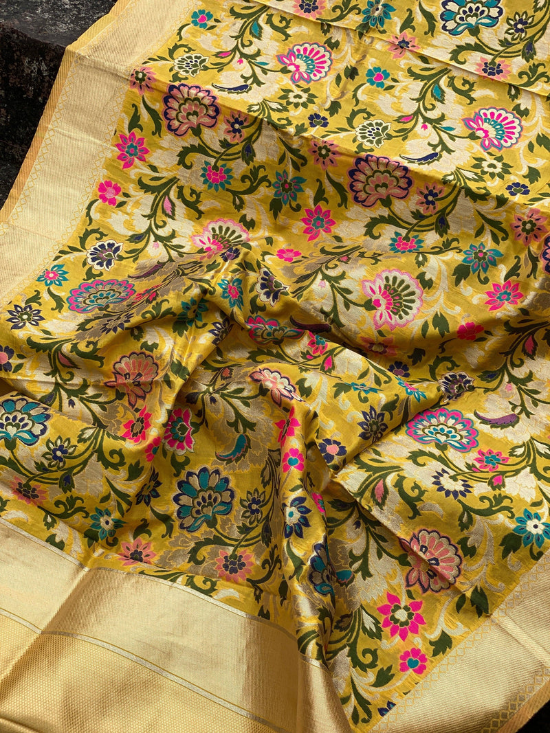 Radiant Yellow Minakari Handloom Banarasi Silk Dupatta: Elevate Your Party and Festive Attire by Shades Of Benares - banarasi - banarasi saree shop