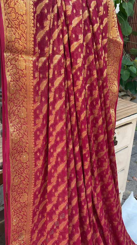 Rani Pink Handloom Pure Chiffon Banarasi Saree by Shades Of Benares - banarasi - banarasi saree shop