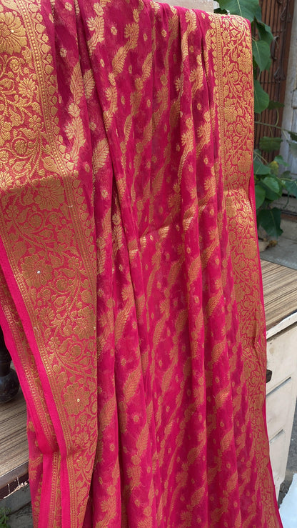 Rani Pink Handloom Pure Chiffon Banarasi Saree by Shades Of Benares - banarasi - banarasi saree shop