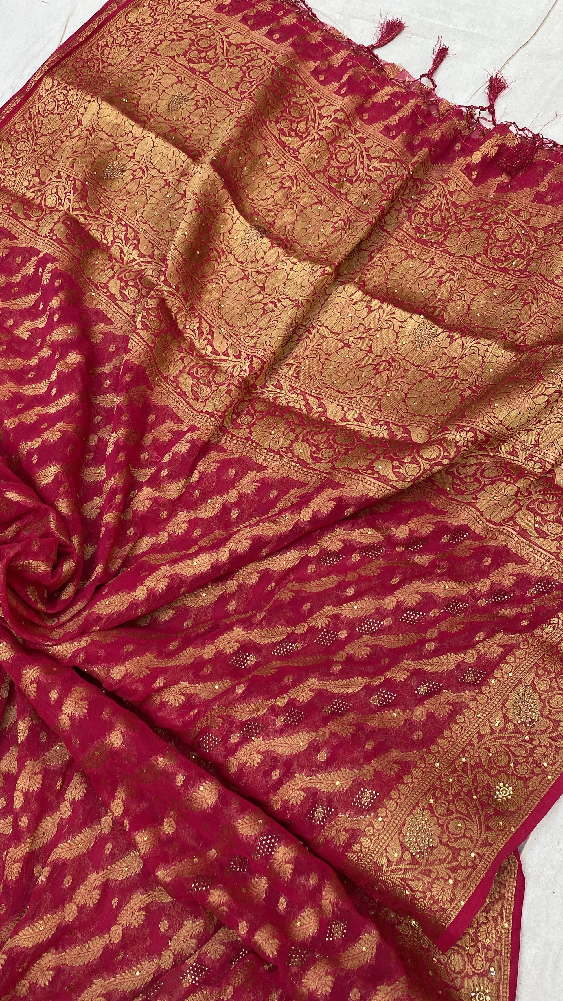 Rani Pink Handloom Pure Chiffon Banarasi Saree by Shades Of Benares - banarasi - banarasi saree shop