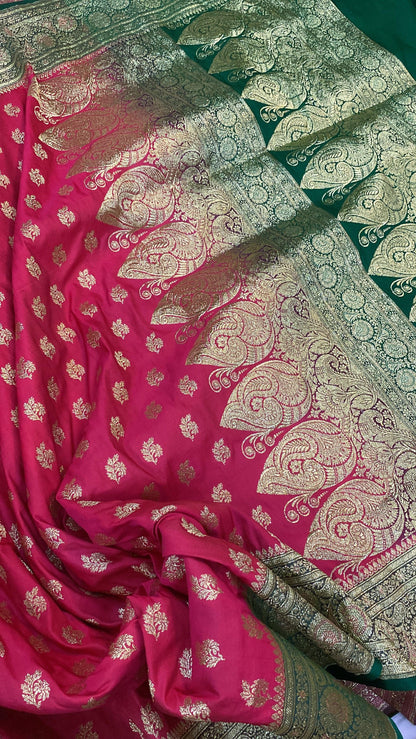 Rani Pink Handloom Pure Satin Silk Banarasi Saree by Shades Of Benares - banarasi - banarasi saree shop