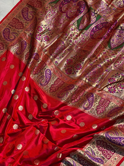 Rani Pink Pure Banarasi Katan Silk Handloom Saree- Kadhwa Paithani by Shades Of Benares - banarasi - banarasi saree shop