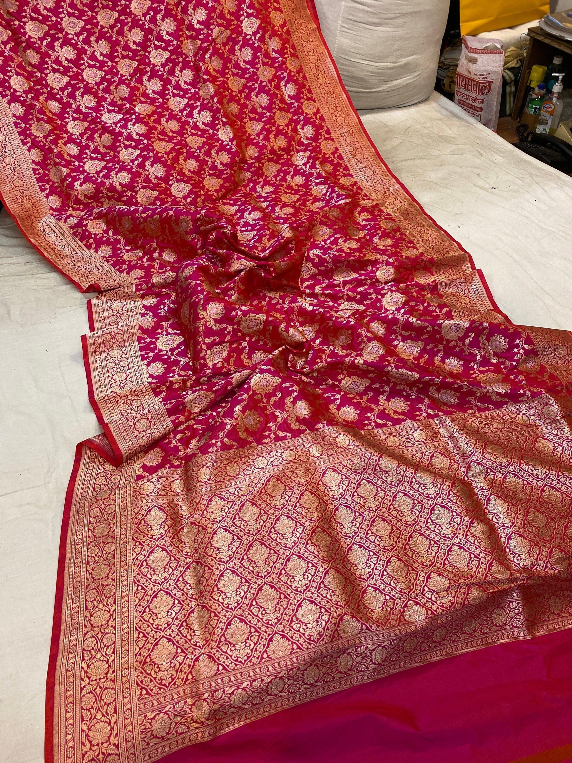 Rani Pink Pure Katan Silk Handloom Banarasi Saree by Shades Of Benares - banarasi - banarasi saree shop