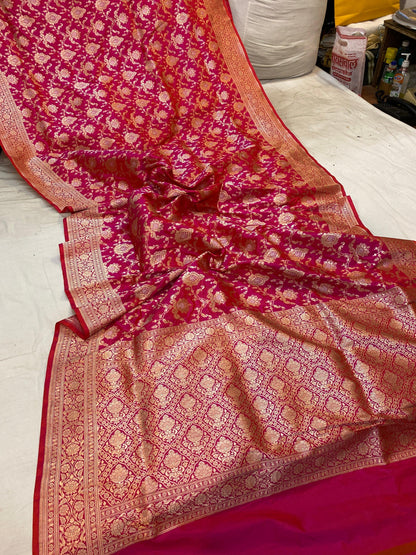 Rani Pink Pure Katan Silk Handloom Banarasi Saree by Shades Of Benares - banarasi - banarasi saree shop